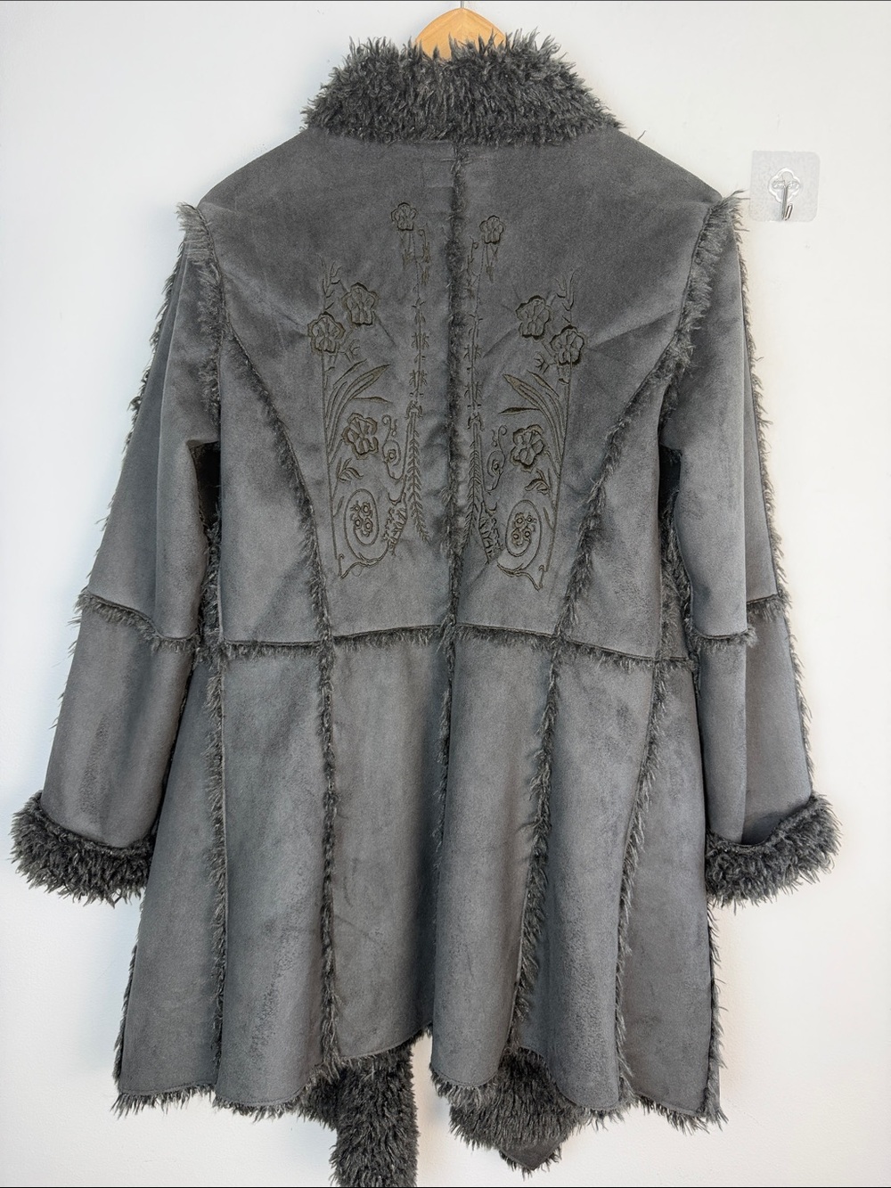 Johnny Was BIYA Shearling Faux Suede Embroidered Coat Hippie Boho XS Long Jacket - Picture 12 of 16